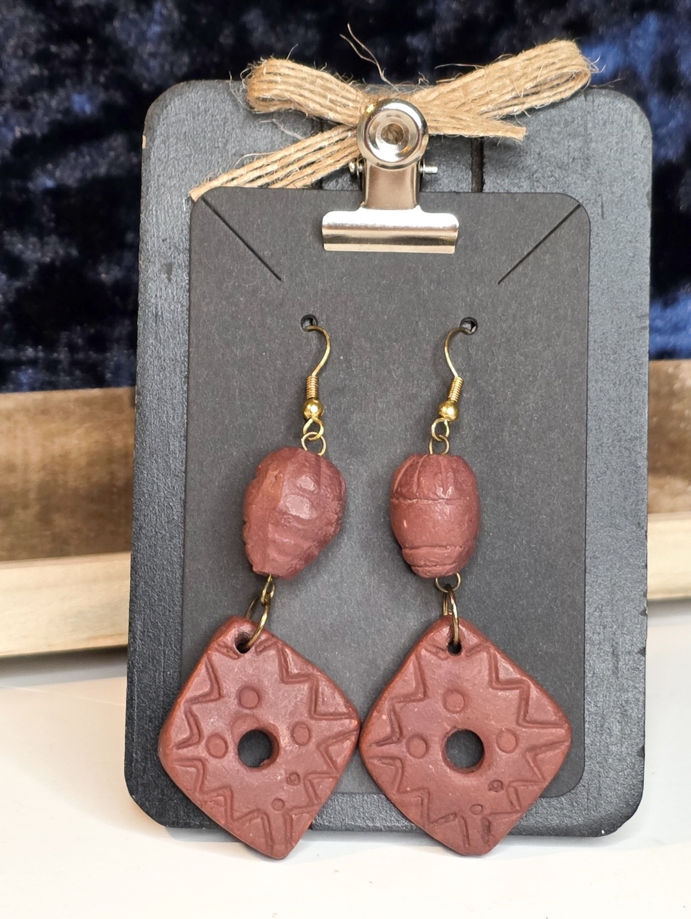 Artisan Handmade Fashion Jewelry Rustic Boho Terracotta Clay Dangle Earrings - Picture 2 of 4